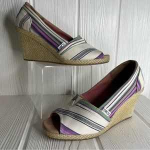 Tom’s Striped Espadrille Wedge Sandals 9 Jute Heel White Blue Purple Pink